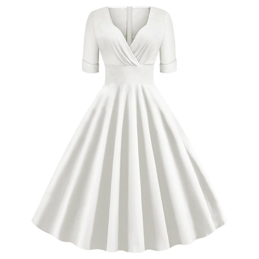 Vintage Short Sleeves V Neck Ball Dresses-Vintage Dresses-White-S-Free Shipping at meselling99