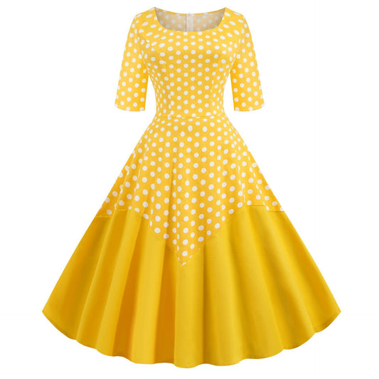 Round Neck Half Sleeves Vintage Dresses-Vintage Dresses-Yellow-S-Free Shipping at meselling99