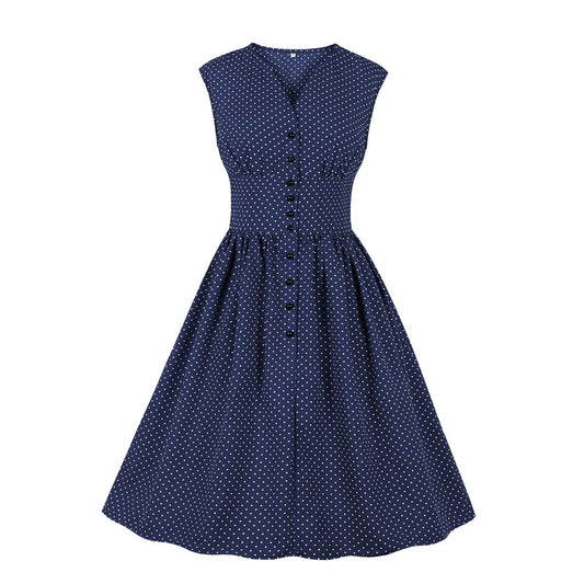 Women Sleeveless V Neck Dot Print Vintage Dresses with Buttons-Vintage Dresses-Free Shipping at meselling99