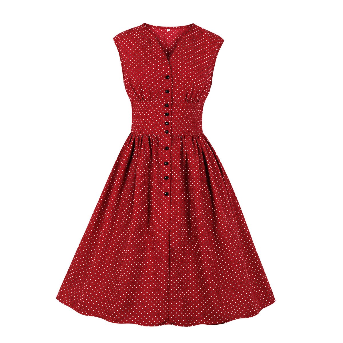 Women Sleeveless V Neck Dot Print Vintage Dresses with Buttons-Vintage Dresses-Wine Red-S-Free Shipping at meselling99