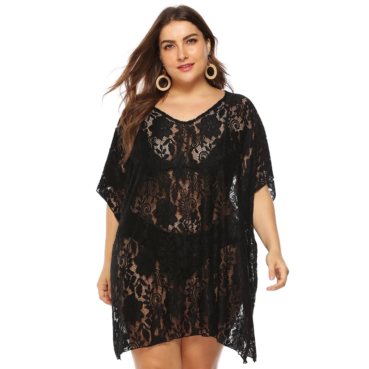 Sexy Lace See Through Plus Sizes Summer Beach Cover Ups-Swimwear-Black-1XL-Free Shipping at meselling99