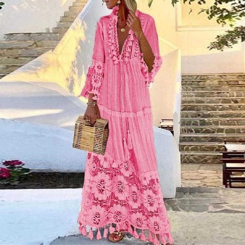 New Women Lace Tassel Summer Beach Bohemia Long Dresses-Maxi Dresses-Pink-S-Free Shipping at meselling99