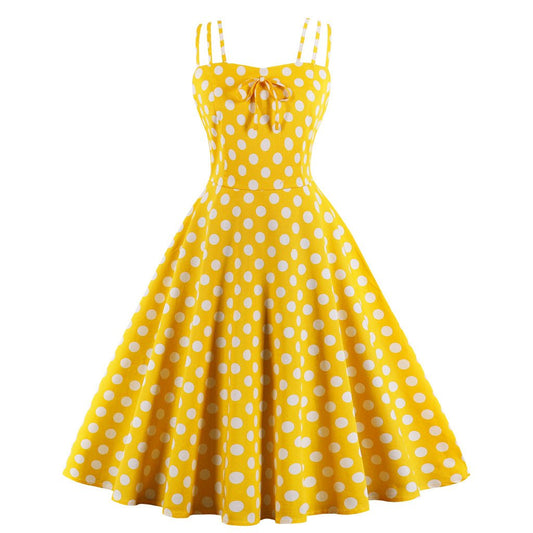 Women Summer Sphagetti Straps Dot Print Dresses-Vintage Dresses-Yellow-S-Free Shipping at meselling99