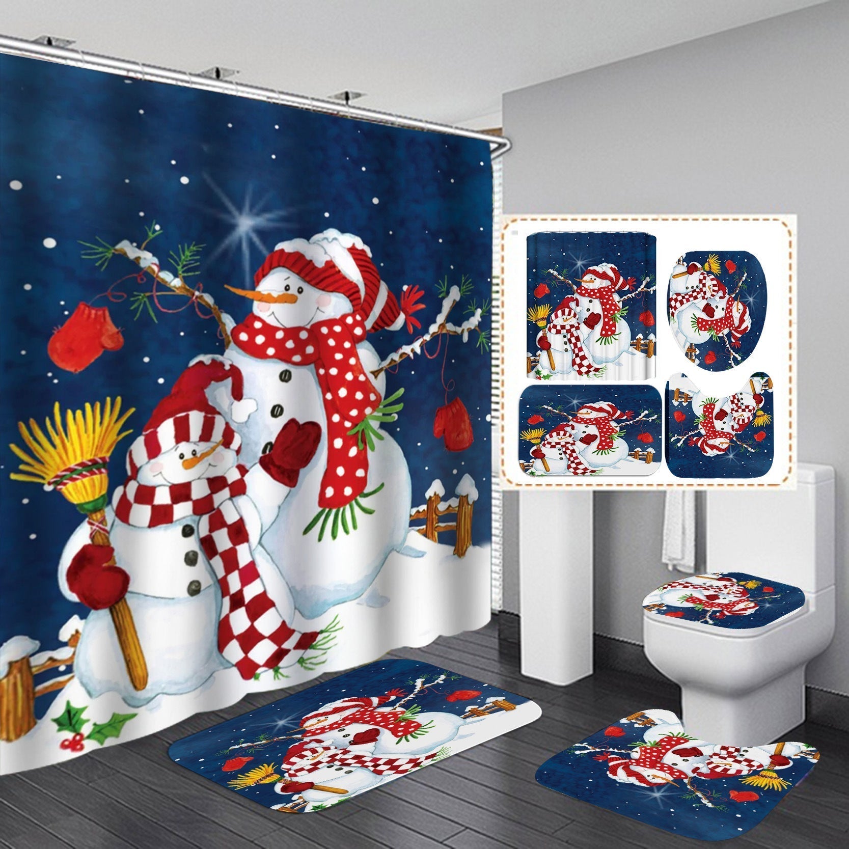 Christmas Dec Shower Curtain Bathroom Rug Set Bath Mat Non-Slip Toilet Lid Cover-Shower Curtain-180×180cm Shower Curtain Only-4-Free Shipping at meselling99