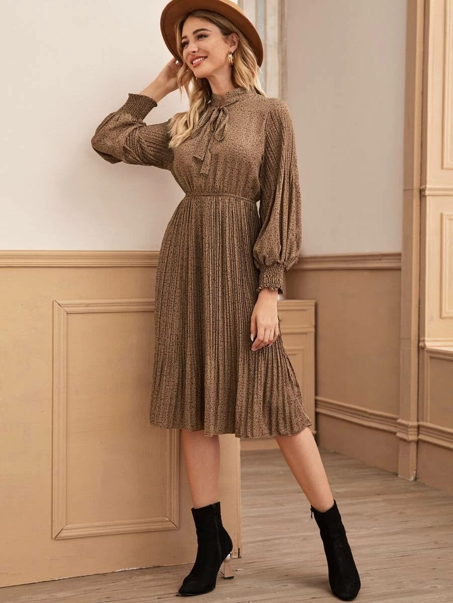 Casual Brown Dot Print Elegant Holiday Long Sleeves Dresses-Dresses-Khaki-S-Free Shipping at meselling99