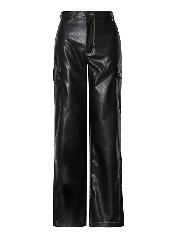 Stylish Black&Khaki Smooth Split-Side Empire Wide Leg Pants-Pants-BLACK-S-Free Shipping at meselling99