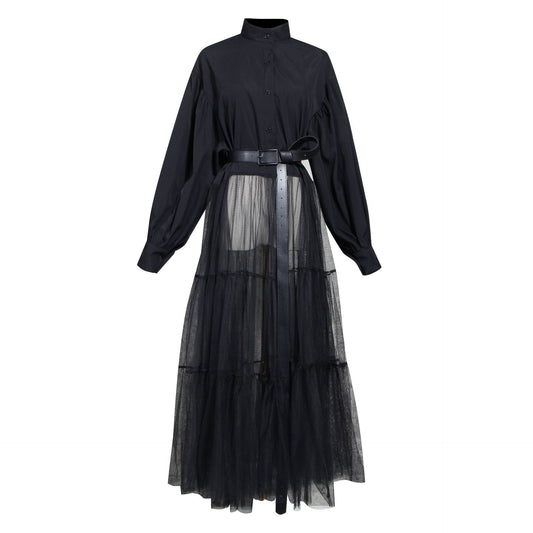 Designed Tulle Contrast High Waist Women Long Shirt Dresses-Dresses-Black-S-Free Shipping at meselling99