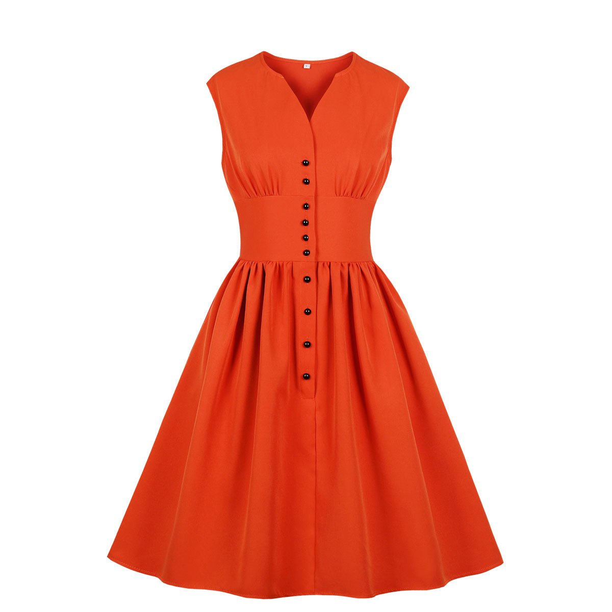 Vintage Button Floral Print High Waist Dresses-Vintage Dresses-Orange-S-Free Shipping at meselling99