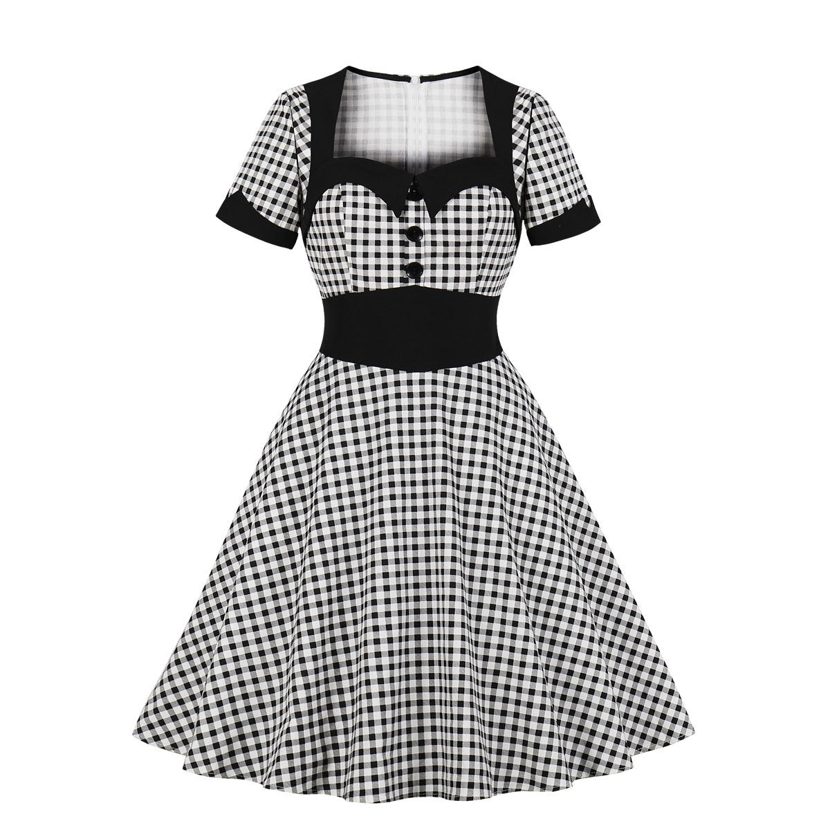 Women Plaid Vintage Square Neckline Short Sleeves Dresses-Vintage Dresses-The same as picture-S-Free Shipping at meselling99