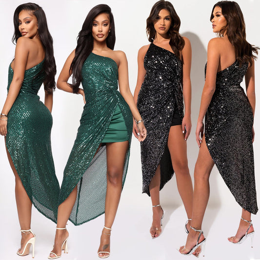 Sexy One Shoulder Sequined Irregular Party Dresses-Dresses-Free Shipping at meselling99