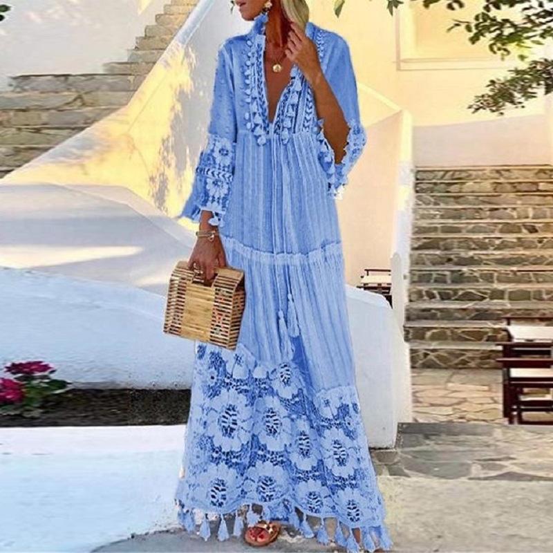 New Women Lace Tassel Summer Beach Bohemia Long Dresses-Maxi Dresses-Blue-S-Free Shipping at meselling99