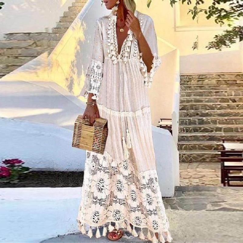 New Women Lace Tassel Summer Beach Bohemia Long Dresses-Maxi Dresses-Ivory-S-Free Shipping at meselling99