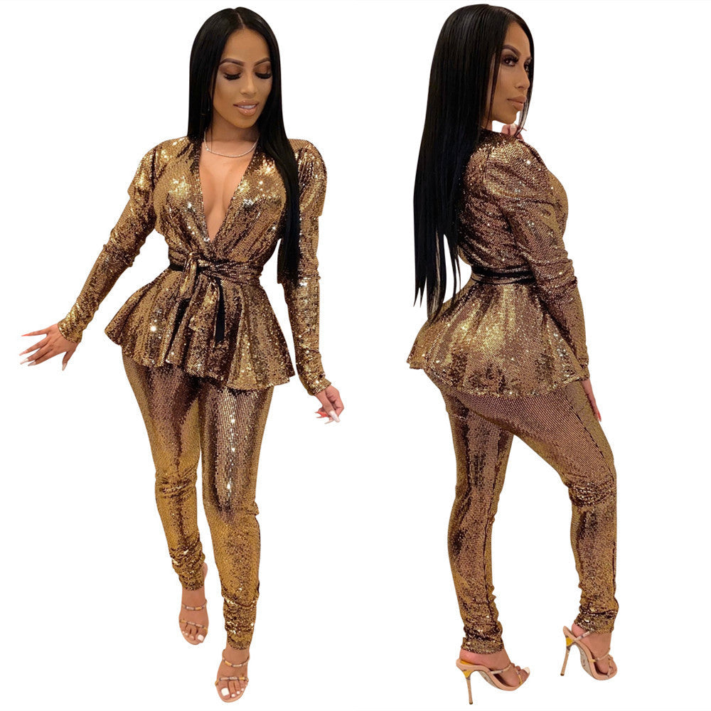 Sexy Fashion Gold Stamp Long Sleeves Party Outfits Sets with Belt-Outfit Sets-Free Shipping at meselling99