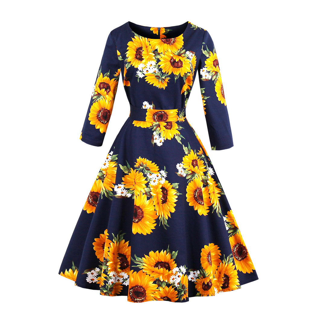 Vintage Women 3/4 Length Sleeves Sunflower Dresses-Vintage Dresses-Sunflower-S-Free Shipping at meselling99