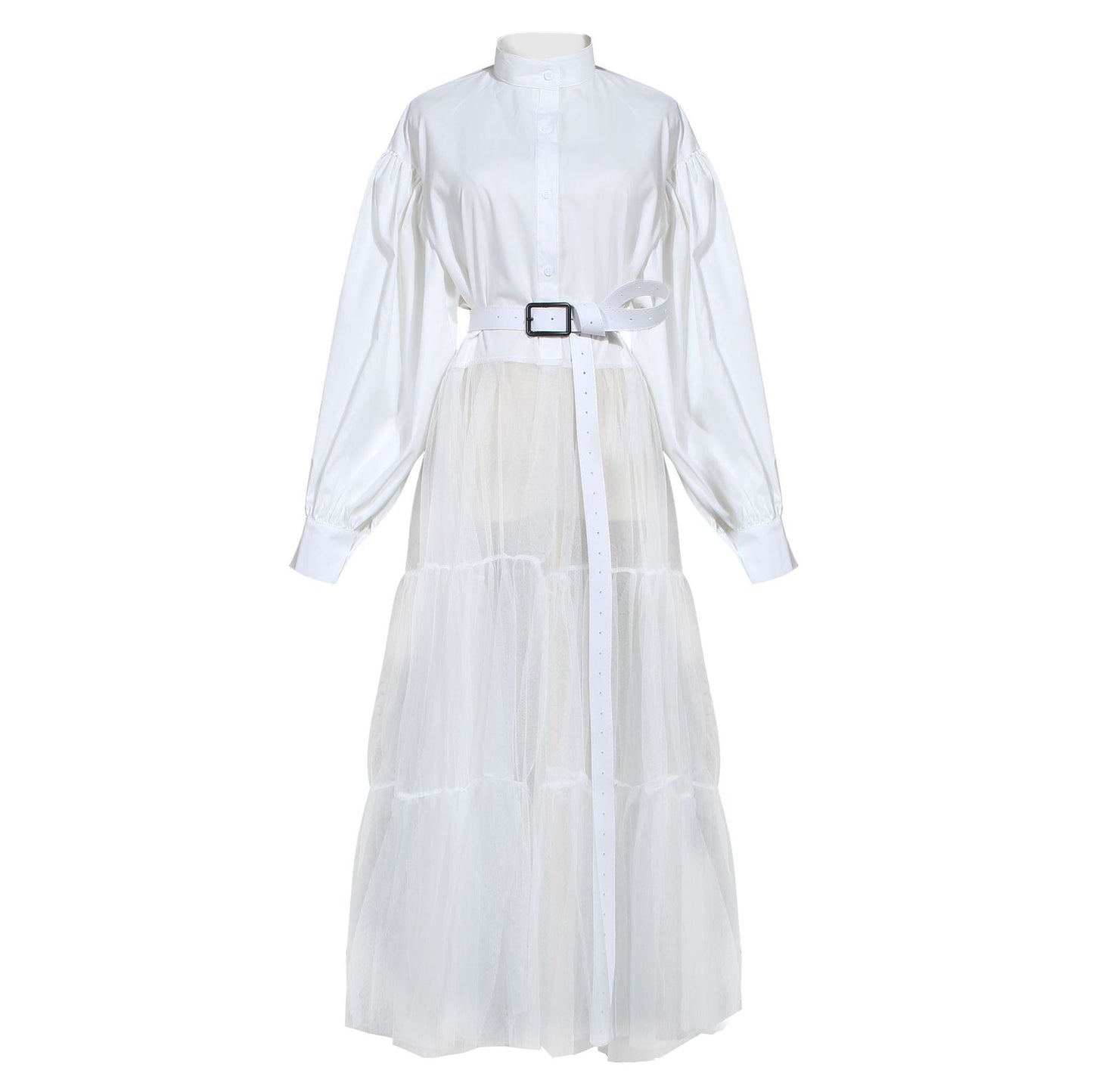 Designed Tulle Contrast High Waist Women Long Shirt Dresses-Dresses-White-S-Free Shipping at meselling99
