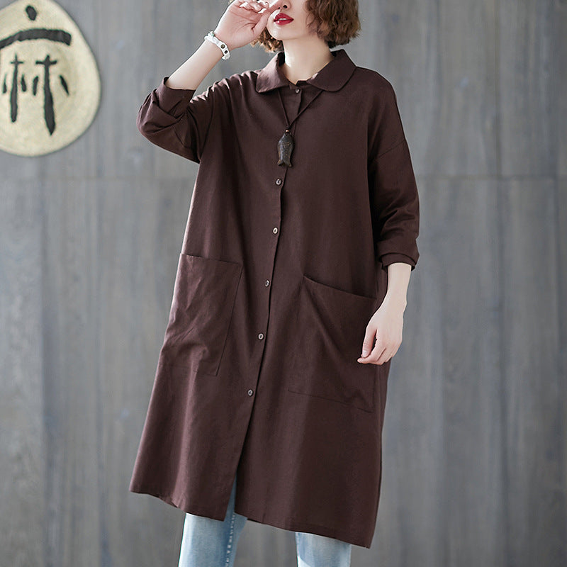 Women Plus Size Long Sleeve Shirt Overcoat-Coffee-L-Free Shipping at meselling99