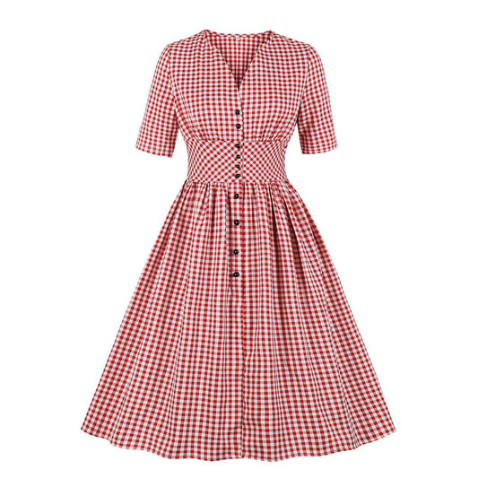 Women Half Sleeves Plaid Retro Dresses with Button-Vintage Dresses-Free Shipping at meselling99