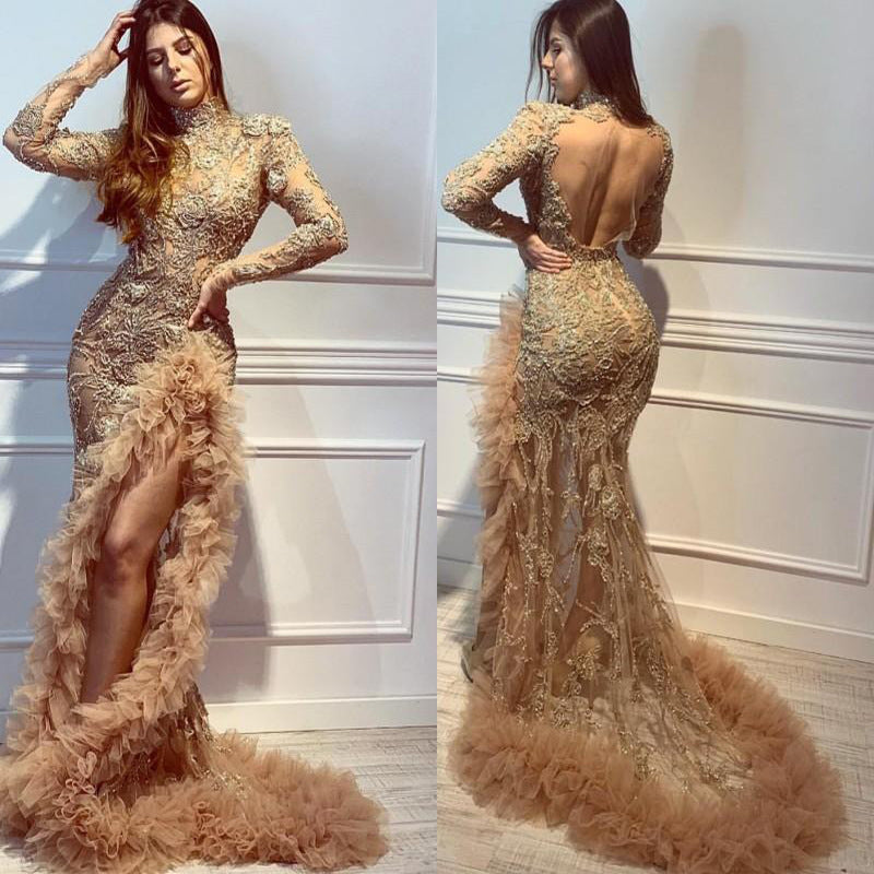 Gold Sexy Backless Mermaid Tail Long Party Dresses-Maxi Dresses-Free Shipping at meselling99