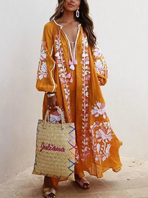 New Floral Print Loose Plus Sizes Long Boho Dresses-Maxi Dresses-Orange-S-Free Shipping at meselling99