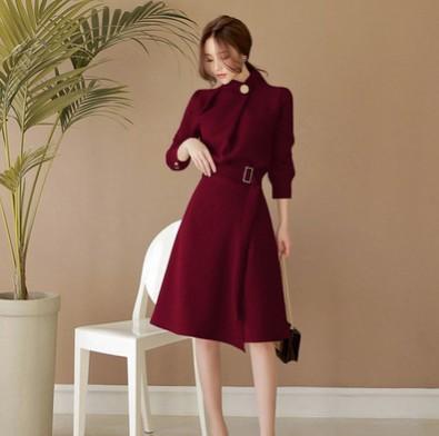 Elegant Office Lady High Neck Long Sleeves Dresses-Dresses-Wine Red-S-Free Shipping at meselling99