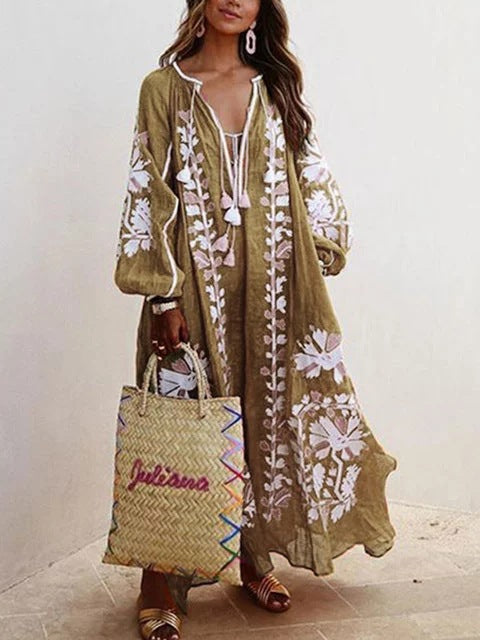 New Floral Print Loose Plus Sizes Long Boho Dresses-Maxi Dresses-Khaki-S-Free Shipping at meselling99