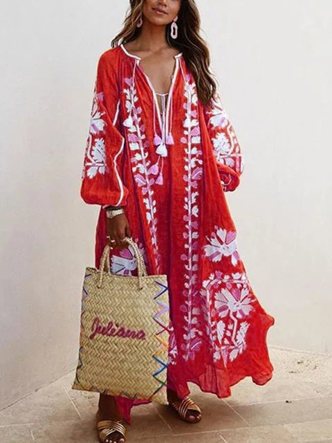 New Floral Print Loose Plus Sizes Long Boho Dresses-Maxi Dresses-Red-S-Free Shipping at meselling99