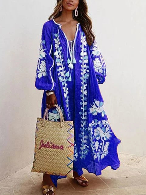 New Floral Print Loose Plus Sizes Long Boho Dresses-Maxi Dresses-Blue-S-Free Shipping at meselling99