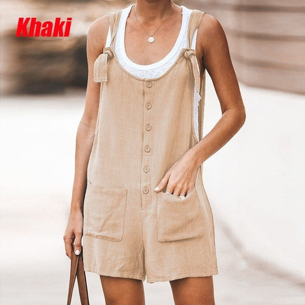 Casual Linen Summer Daily Suspender Pants-Suits-Khaki-S-Free Shipping at meselling99
