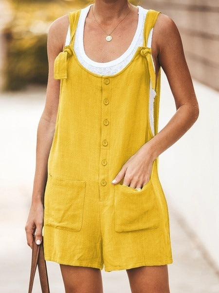 Casual Linen Summer Daily Suspender Pants-Suits-Yellow-S-Free Shipping at meselling99