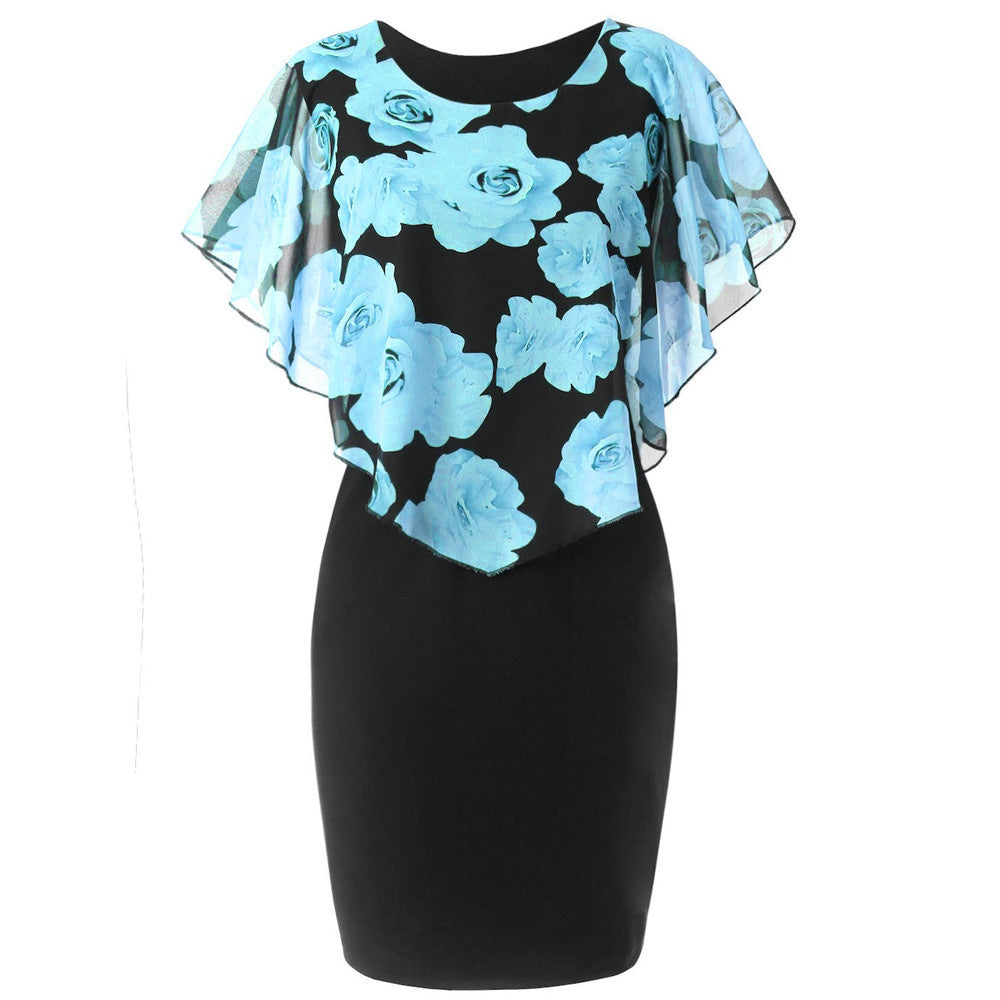 Sexy Rose Print Plus Sizes Bodycon Mini Dresses-Dresses-Light Blue-S-Free Shipping at meselling99