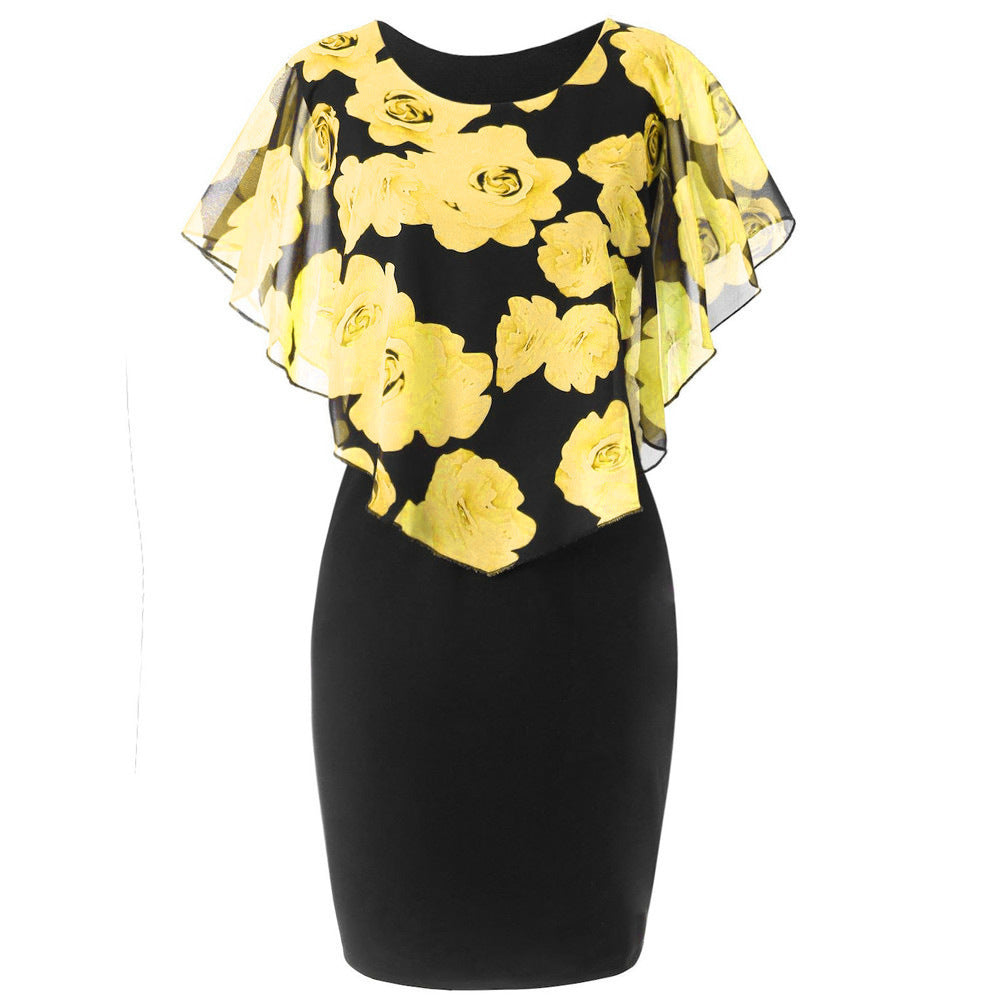 Sexy Rose Print Plus Sizes Bodycon Mini Dresses-Dresses-Yellow-S-Free Shipping at meselling99