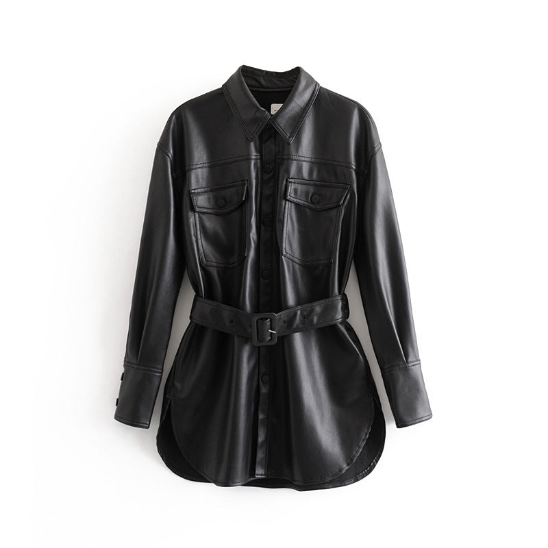 Fashion Casual Pu Leather Jackets Coat with Belt-Black-XS-Free Shipping at meselling99