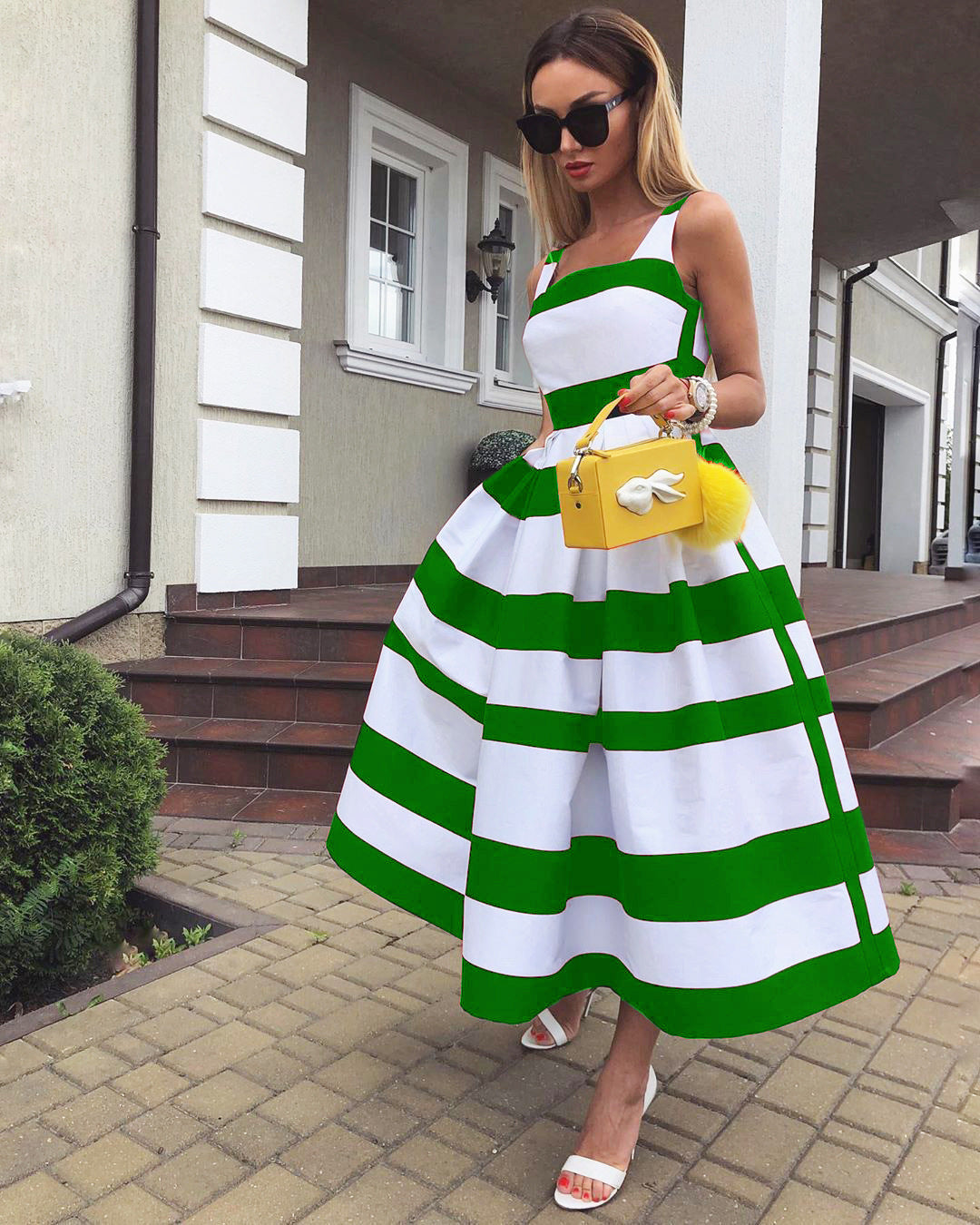 Summer Women Striped Strap Fashion Midi Dresses-Green-S-Free Shipping at meselling99