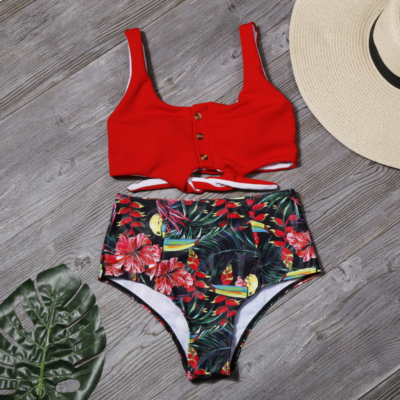 Sexy Women High Waist Leaf Print Two Pieces Swimsuits-Swimwear-E-S-Free Shipping at meselling99