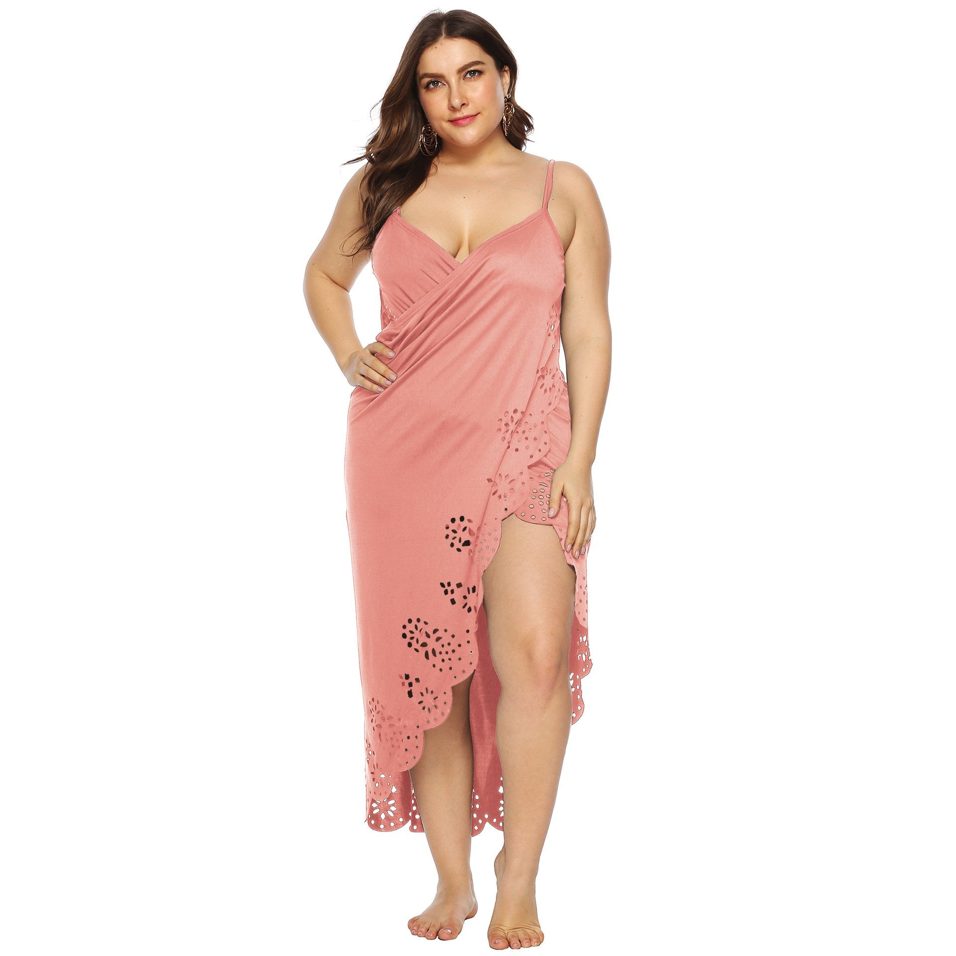 Women Plus Sizes Hollow Out Irregular Long Dresses Cover Ups-Maxi Dresses-Watermelon-1XL-Free Shipping at meselling99