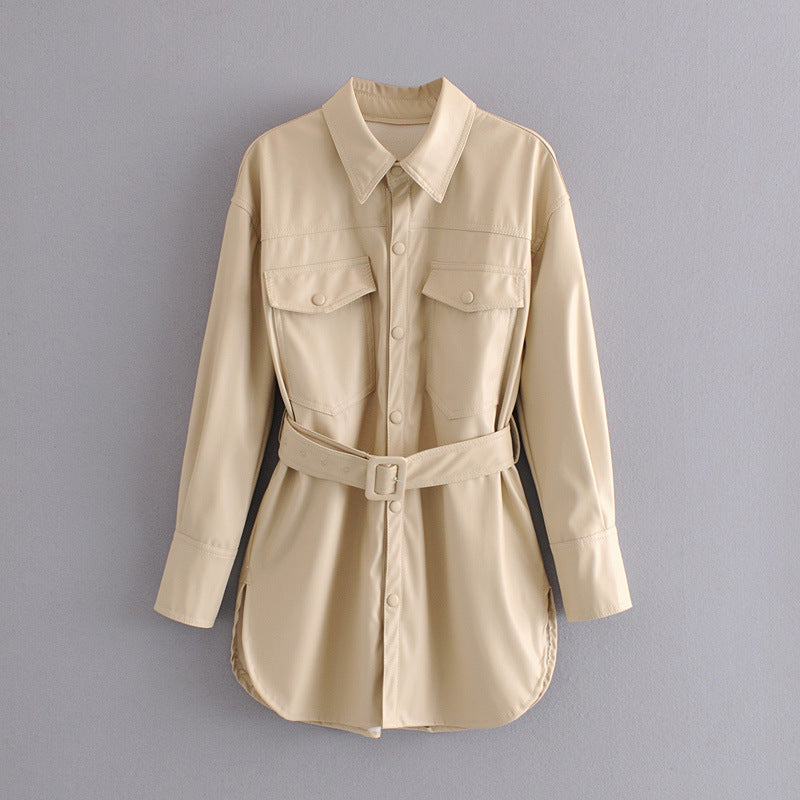 Fashion Casual Pu Leather Jackets Coat with Belt-Ivory-XS-Free Shipping at meselling99