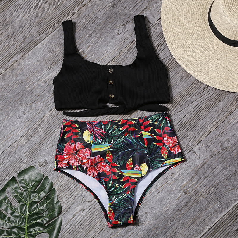 Sexy Women High Waist Leaf Print Two Pieces Swimsuits-Swimwear-D-S-Free Shipping at meselling99