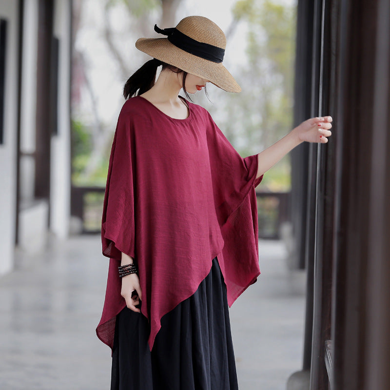 Casual Irregular Summer Linen Women Blouses-Shirts & Tops-Red-One Size-Free Shipping at meselling99