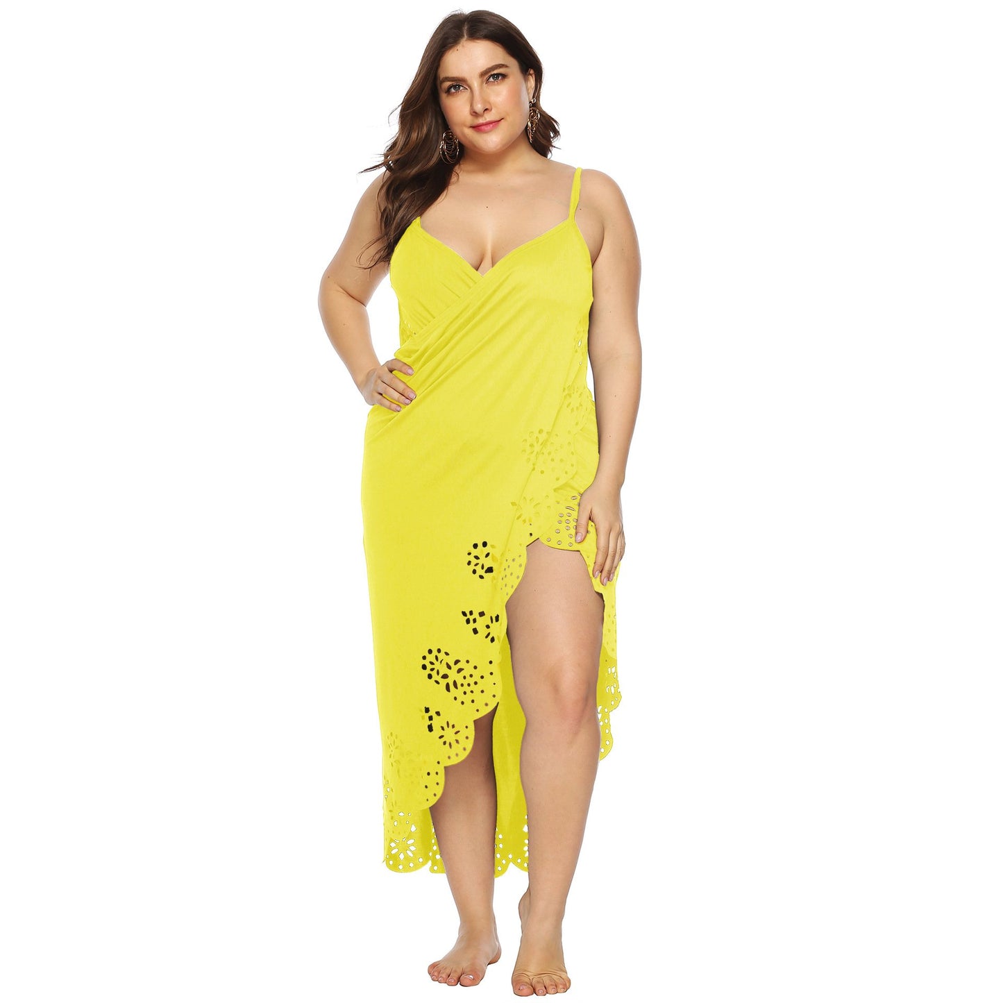 Women Plus Sizes Hollow Out Irregular Long Dresses Cover Ups-Maxi Dresses-Yellow-1XL-Free Shipping at meselling99