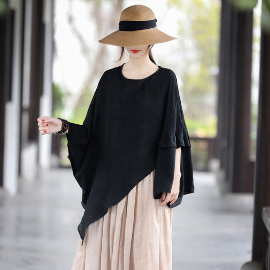 Casual Irregular Summer Linen Women Blouses-Shirts & Tops-Black-One Size-Free Shipping at meselling99