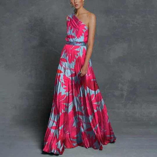 Women One Shoulder Floral Print Long Maxi Dresses-Maxi Dresses-Watermelon-S-Free Shipping at meselling99