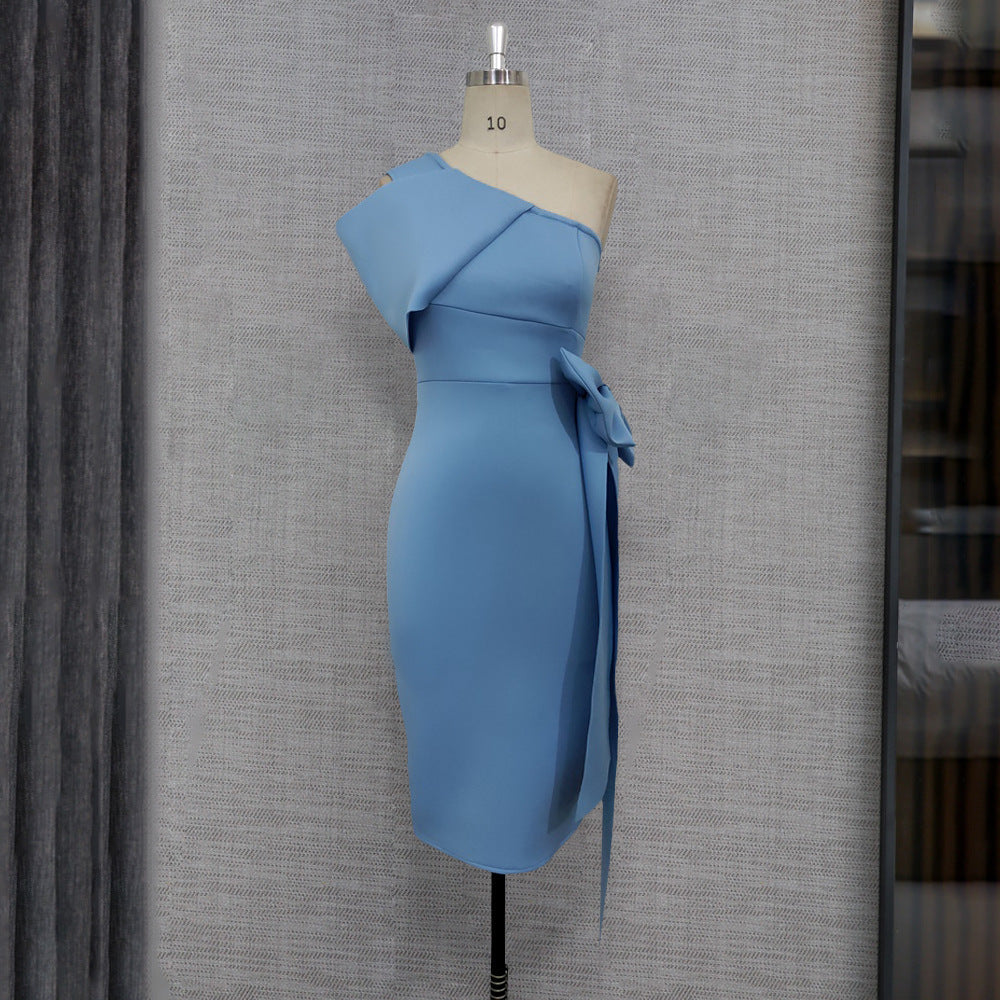 Sexy One Shoulder Bowknot Sheath Party Dresses-Dresses-Sky Blue-S-Free Shipping at meselling99