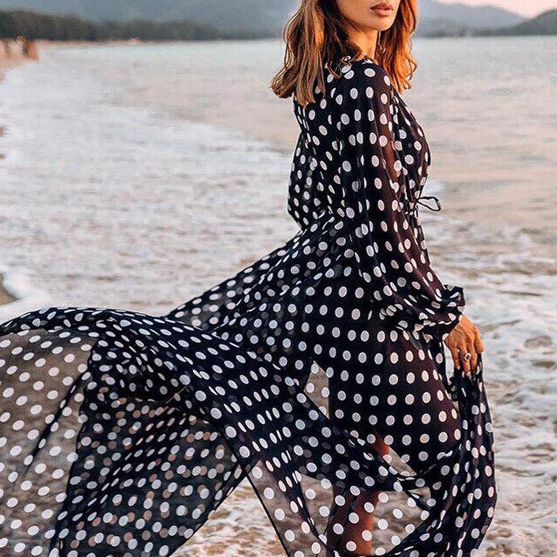 Long Loose Chiffon Polka Dot Cardigan Beach Covers for Summer Holidays-The same as picture-Free Size-Free Shipping at meselling99