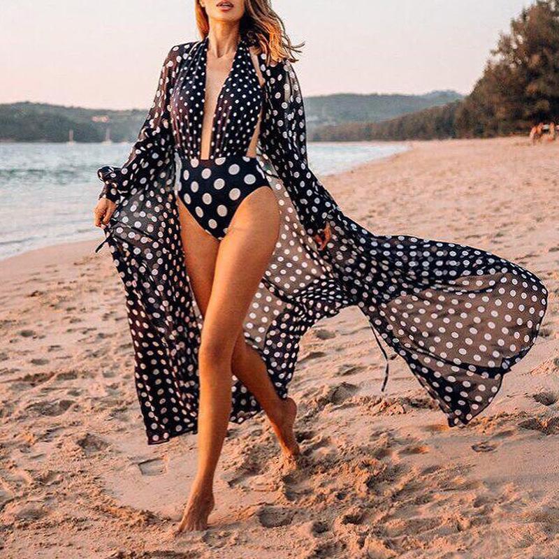 Long Loose Chiffon Polka Dot Cardigan Beach Covers for Summer Holidays-The same as picture-Free Size-Free Shipping at meselling99
