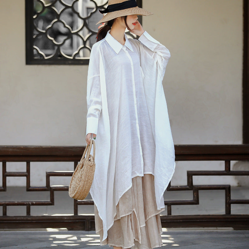 Casual Irregular Linen Women Long Sleeves Shirts-Shirts & Tops-White-One Size (45-65 kg)-Free Shipping at meselling99