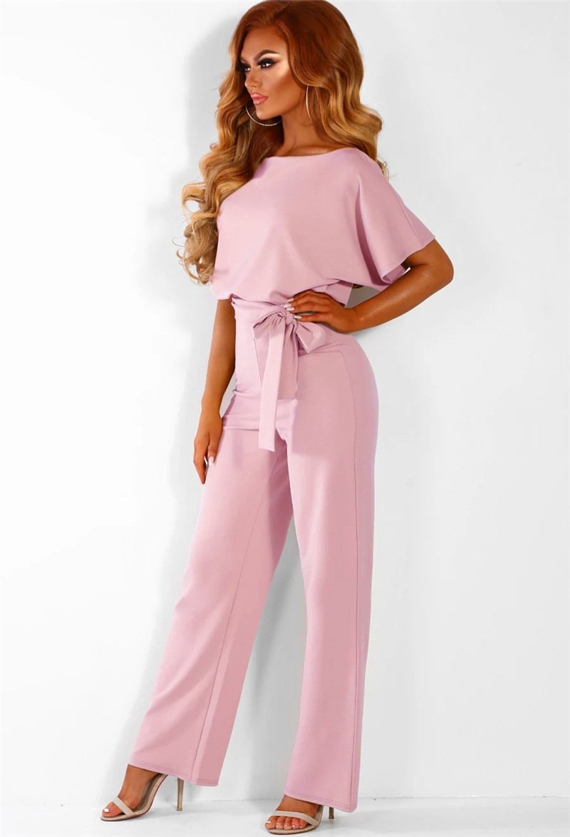Women Summer Belt Short Sleeves Summer Jumpsuits-Pink-S-Free Shipping at meselling99