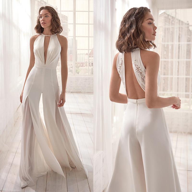 Women White Backless Halter Causal Sexy Jumpsuits-White-S-Free Shipping at meselling99