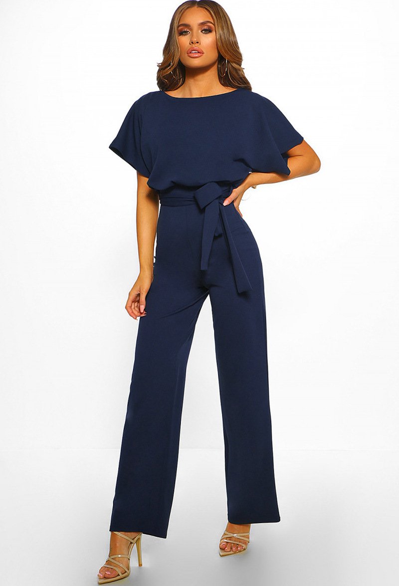 Women Summer Belt Short Sleeves Summer Jumpsuits-Dark Blue-S-Free Shipping at meselling99