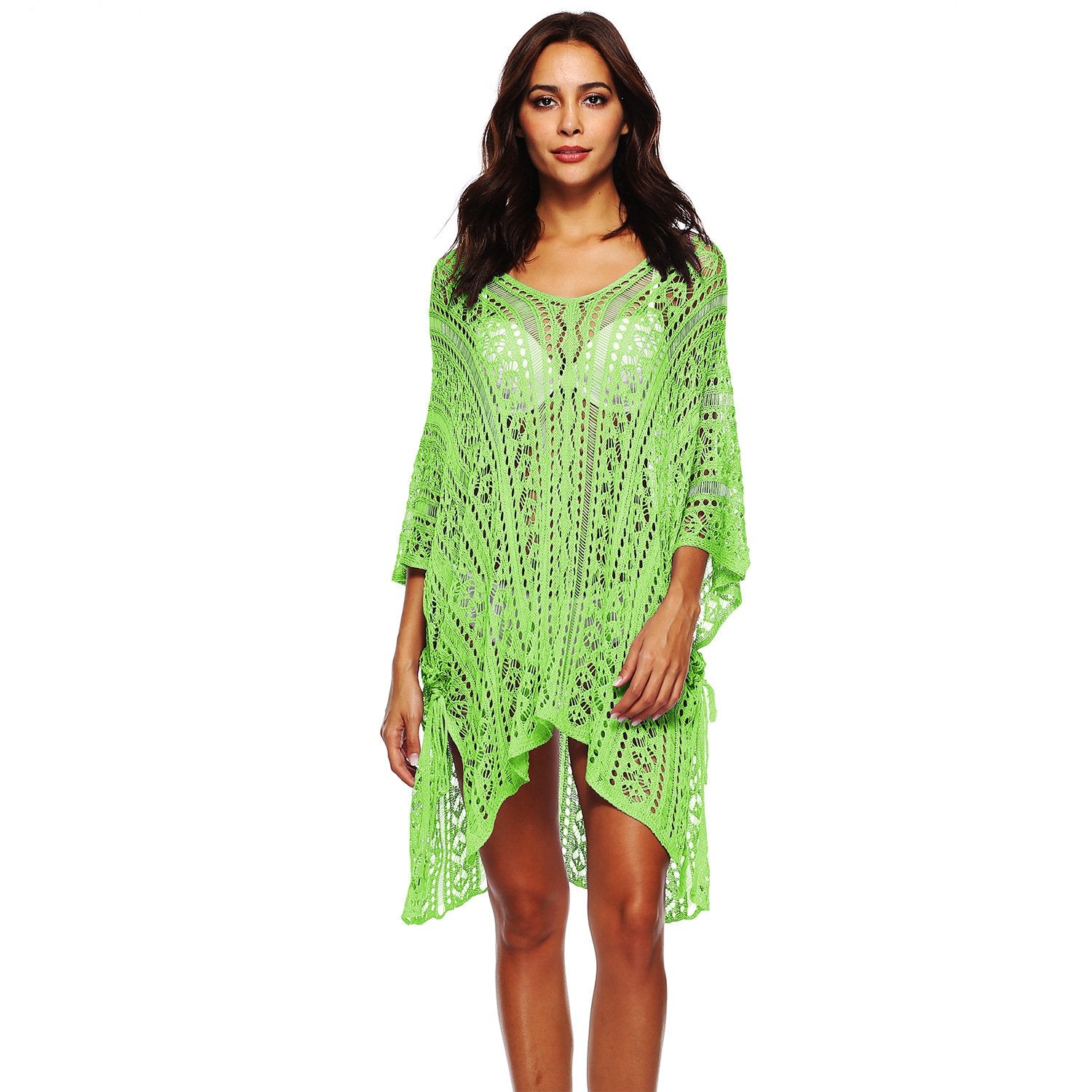 Summer Women Hollow Out Batwing Sleeves Beach Cover Ups Dress-Light Green-One Size-Free Shipping at meselling99