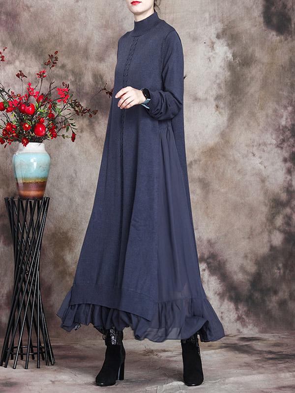 Simple Split-Joint High-Neck Falbala Dress-Maxi Dress-GRAY-FREE SIZE-Free Shipping at meselling99